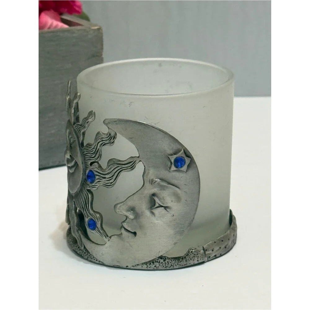 Vintage 90s Pewter Celestial Sun Moon Votive Candle Holder Blue Rhinestones